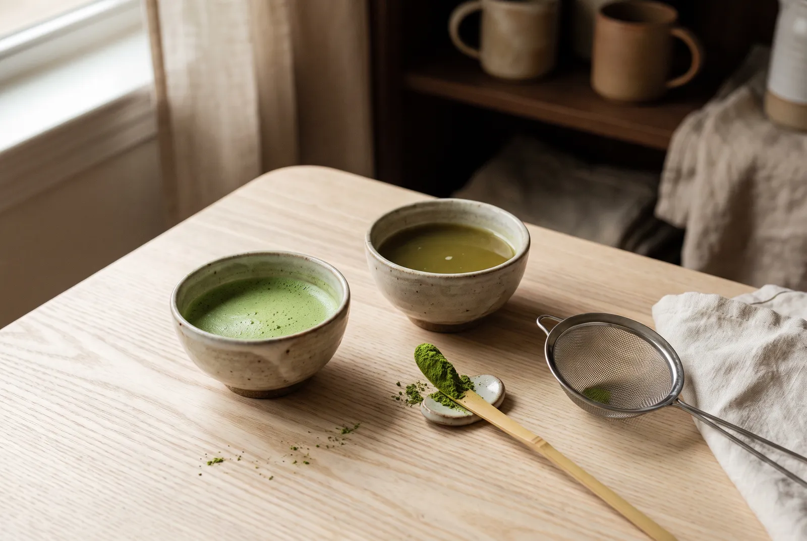 Two bowls of whisked matcha on a wooden table, one vivid jade and one dull olive, with a bamboo scoop of bright green powder and a small sieve in warm window light.